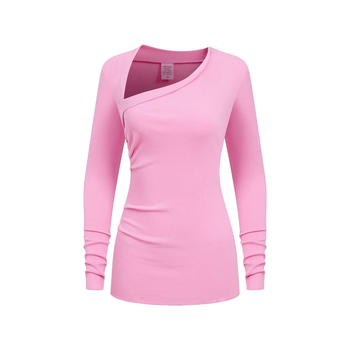 275GSM Women's Slim-Fit Asymmetrical Shoulder Pigment-Wash Long-Sleeve T-shirt