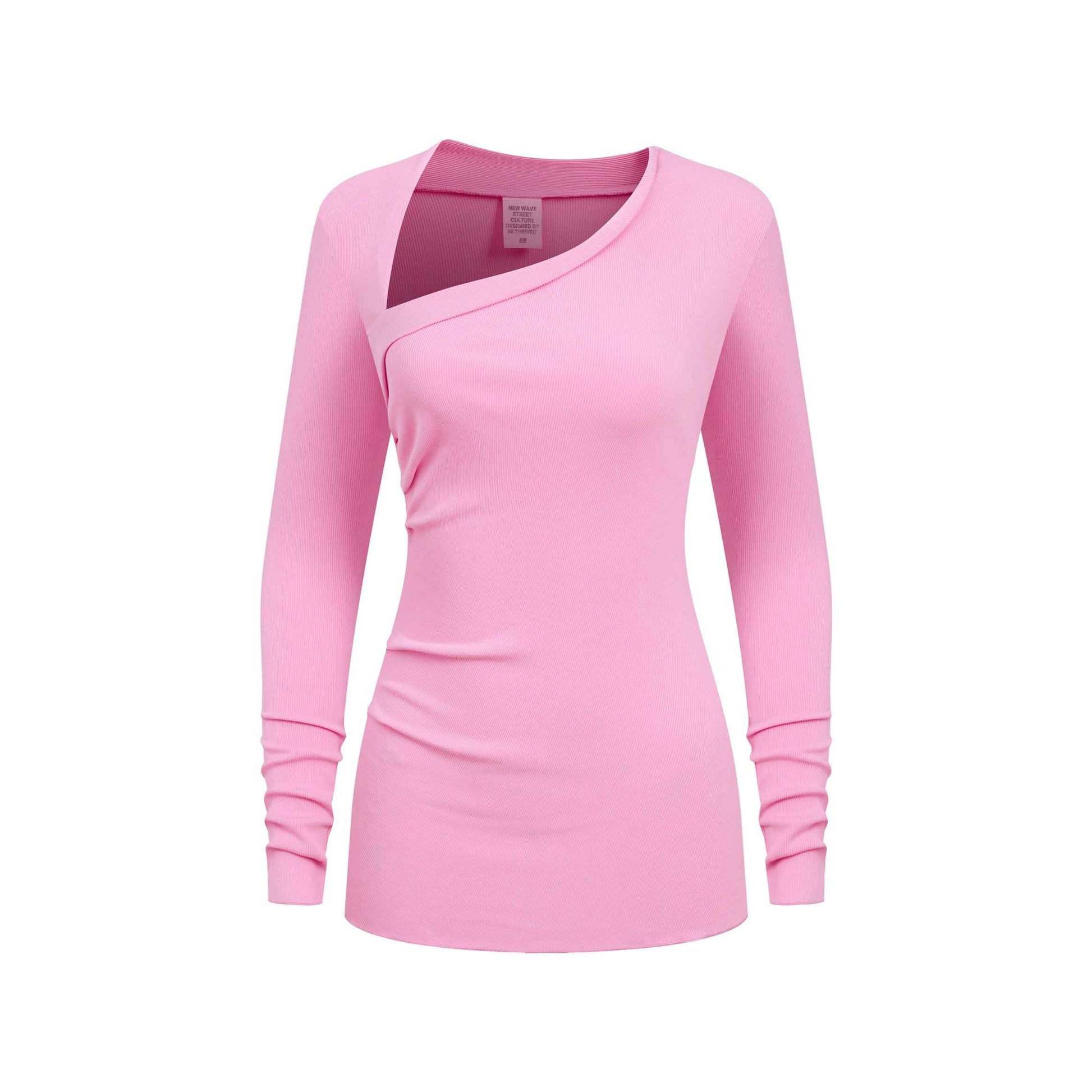 275GSM Women's Slim-Fit Asymmetrical Shoulder Pigment-Wash Long-Sleeve T-shirt