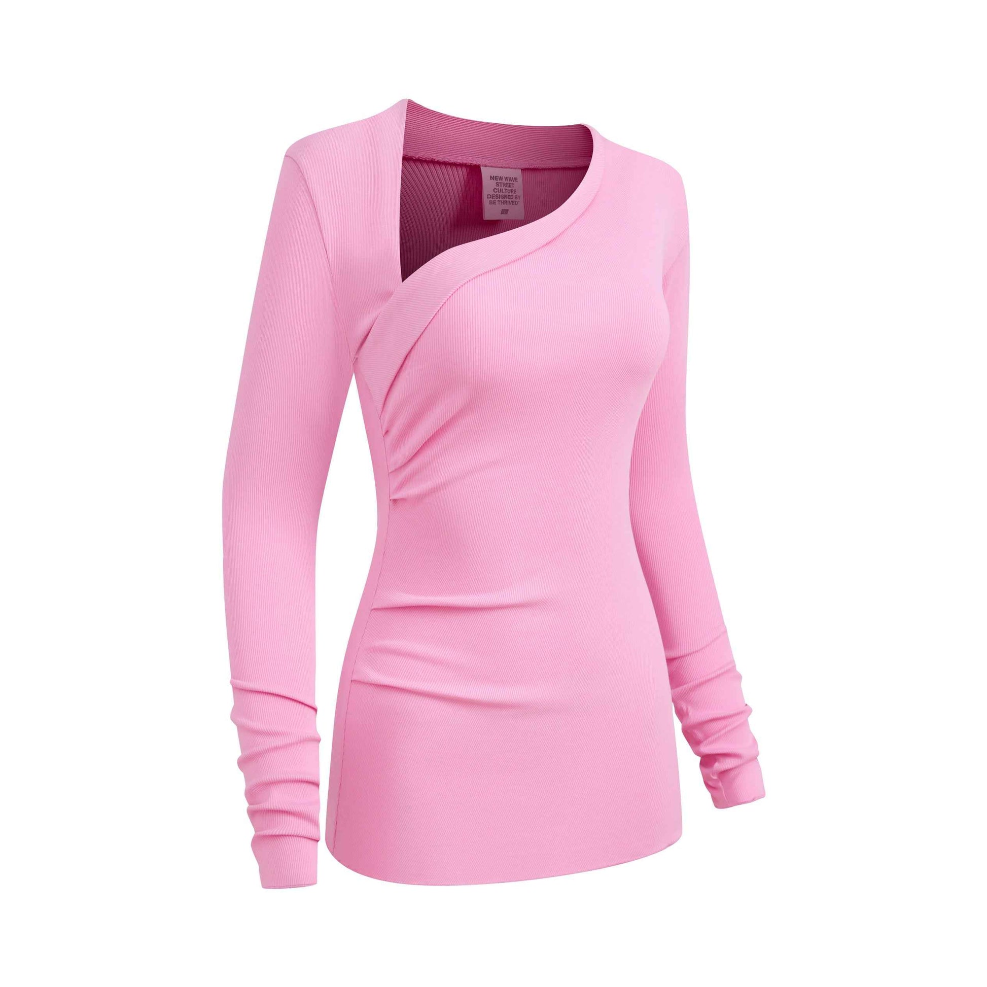 275GSM Women's Slim-Fit Asymmetrical Shoulder Pigment-Wash Long-Sleeve T-shirt