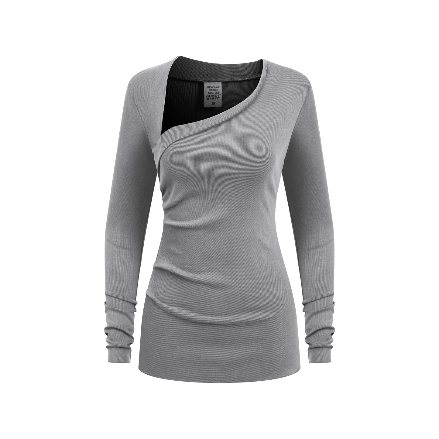 275GSM Women’s Slim-Fit Asymmetrical Shoulder Pigment-Wash Long-Sleeve Medium gray