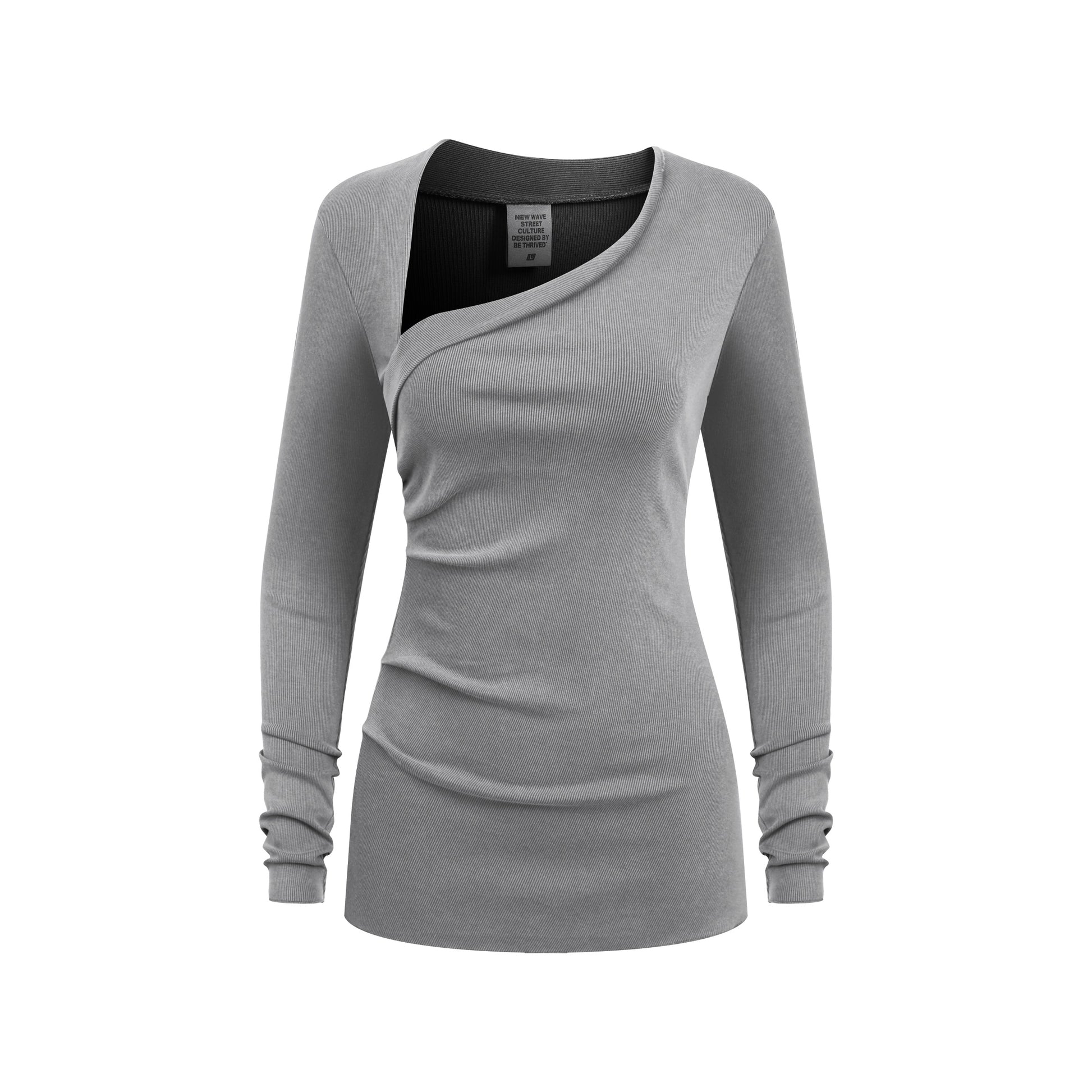 275GSM Women’s Slim-Fit Asymmetrical Shoulder Pigment-Wash Long-Sleeve Medium gray