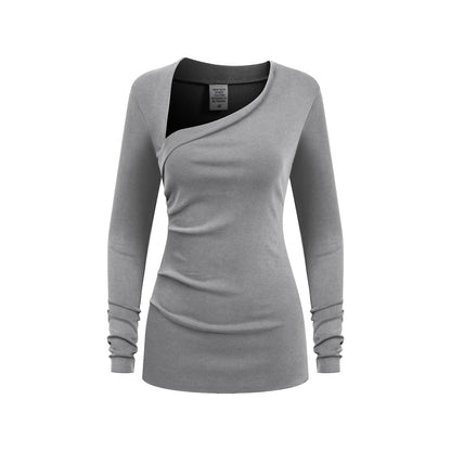 275GSM Women’s Slim-Fit Asymmetrical Shoulder Pigment-Wash Long-Sleeve Medium gray