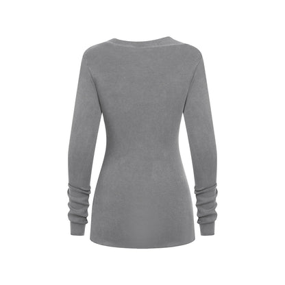 275GSM Women’s Slim-Fit Asymmetrical Shoulder Pigment-Wash Long-Sleeve Medium gray