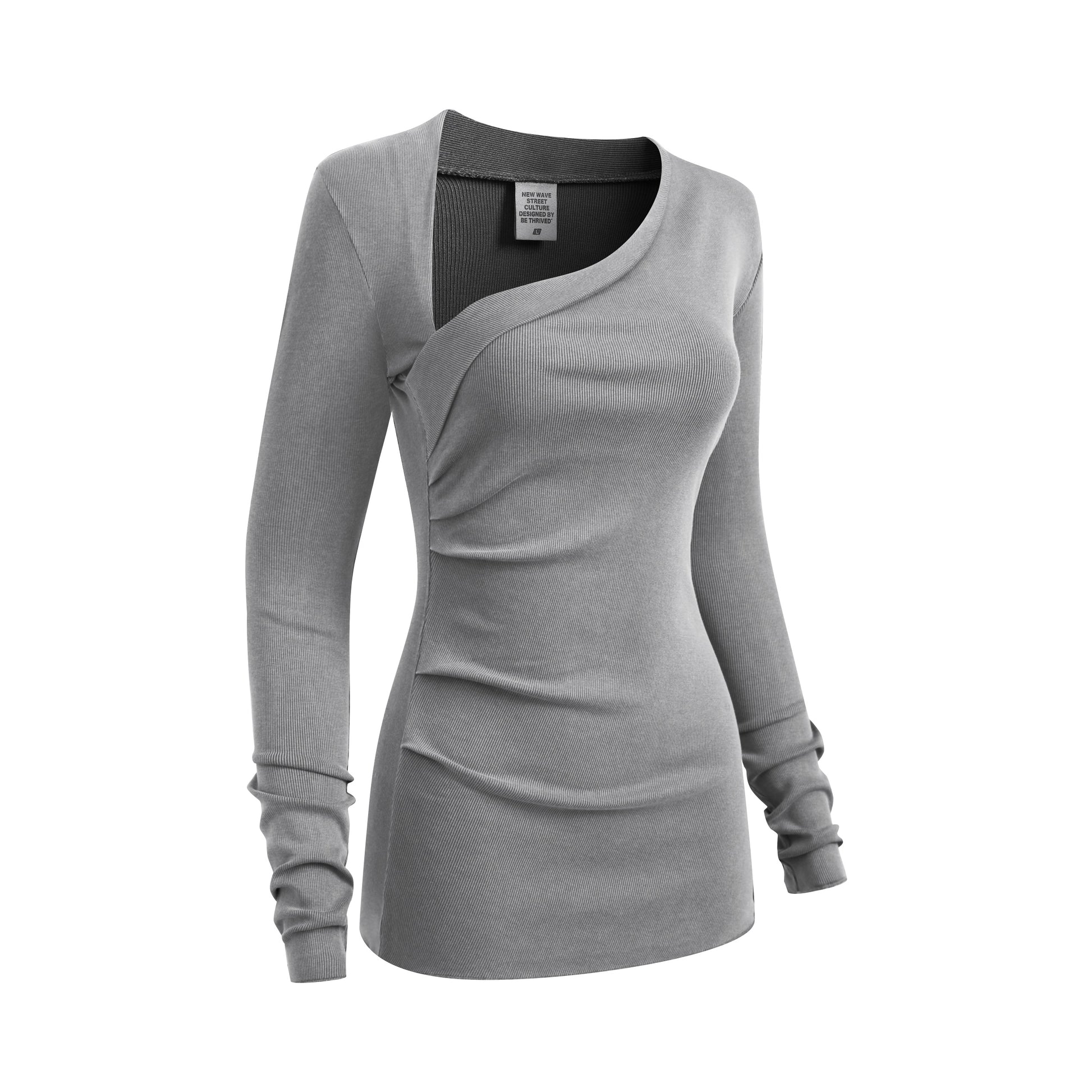 275GSM Women’s Slim-Fit Asymmetrical Shoulder Pigment-Wash Long-Sleeve Medium gray