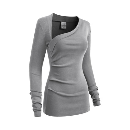 275GSM Women’s Slim-Fit Asymmetrical Shoulder Pigment-Wash Long-Sleeve Medium gray