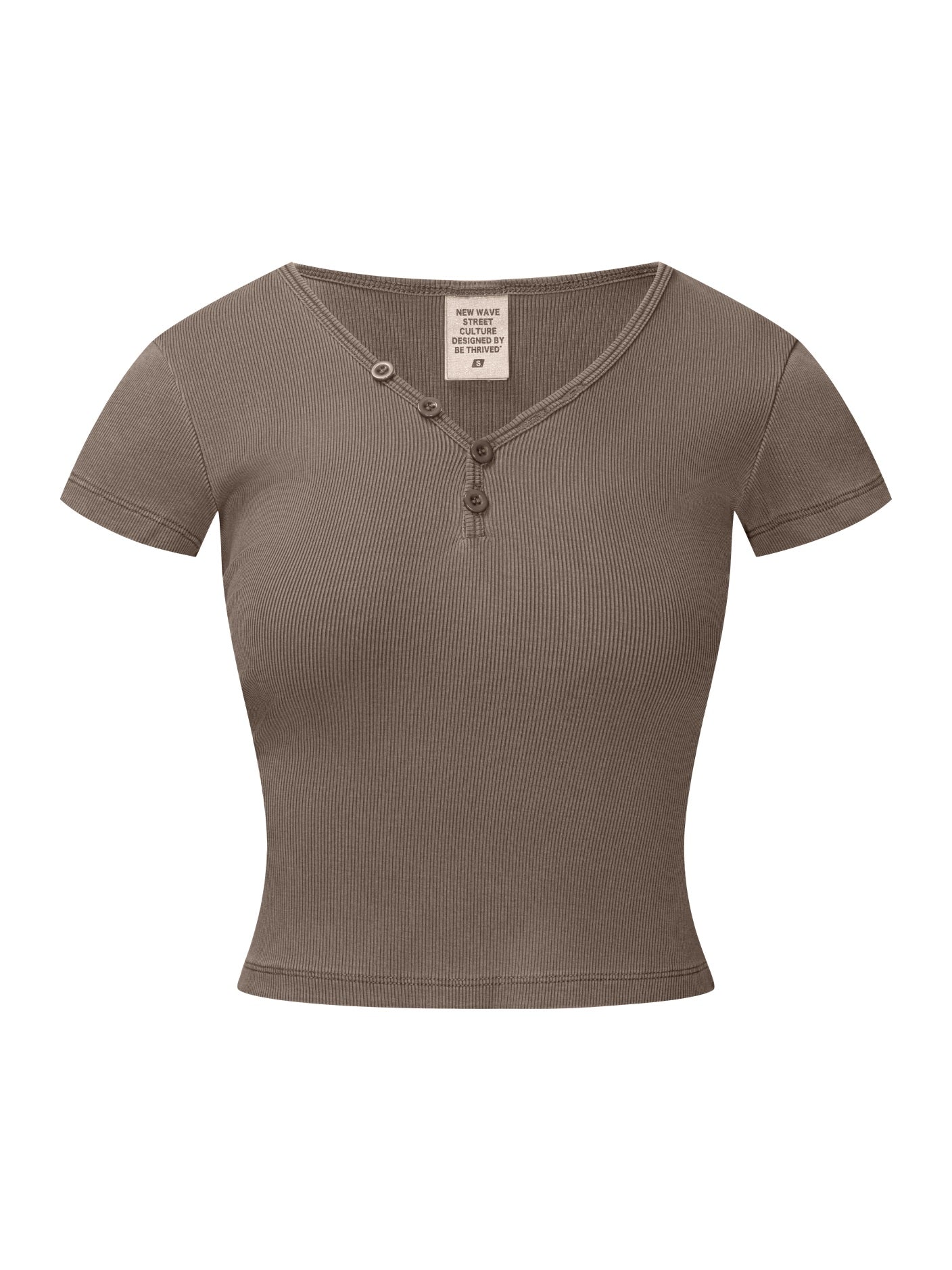275GSM Women’s V-Neck Ski-Inspired Distressed-Wash T-shirt Coffee color