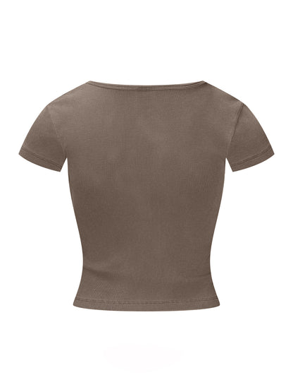 275GSM Women’s V-Neck Ski-Inspired Distressed-Wash T-shirt Coffee color