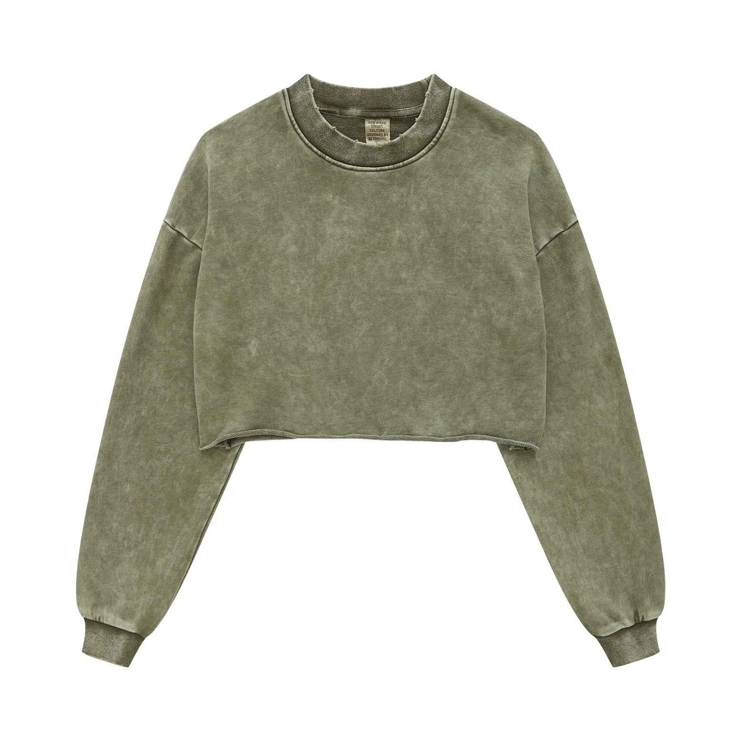 380GSM Women's Heavyweight Distressed Snow-Wash Raw-Hem Cropped Long sleeve Sweatshirt