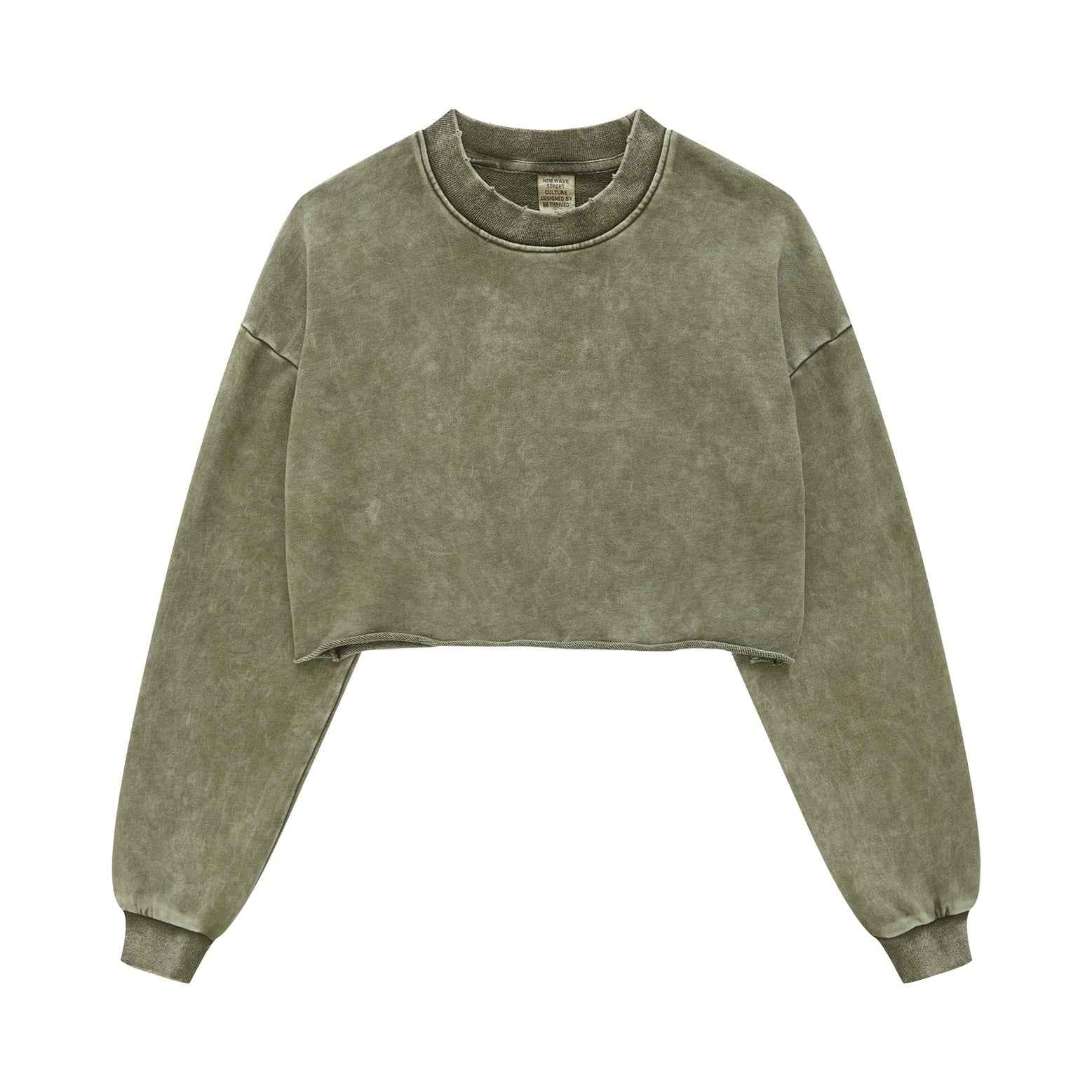 380GSM Women's Heavyweight Distressed Snow-Wash Raw-Hem Cropped Long sleeve Sweatshirt