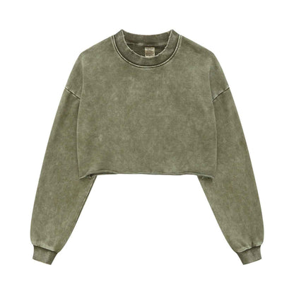 380GSM Women's Heavyweight Distressed Snow-Wash Raw-Hem Cropped Long sleeve Sweatshirt
