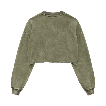380GSM Women's Heavyweight Distressed Snow-Wash Raw-Hem Cropped Long sleeve Sweatshirt