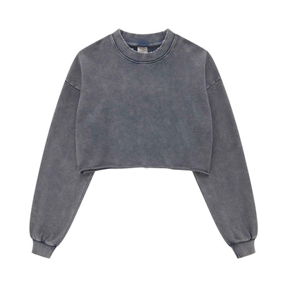 380GSM Women's Heavyweight Distressed Snow-Wash Raw-Hem Cropped Long sleeve Sweatshirt