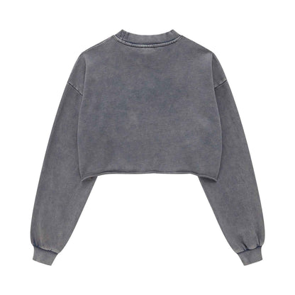 380GSM Women's Heavyweight Distressed Snow-Wash Raw-Hem Cropped Long sleeve Sweatshirt