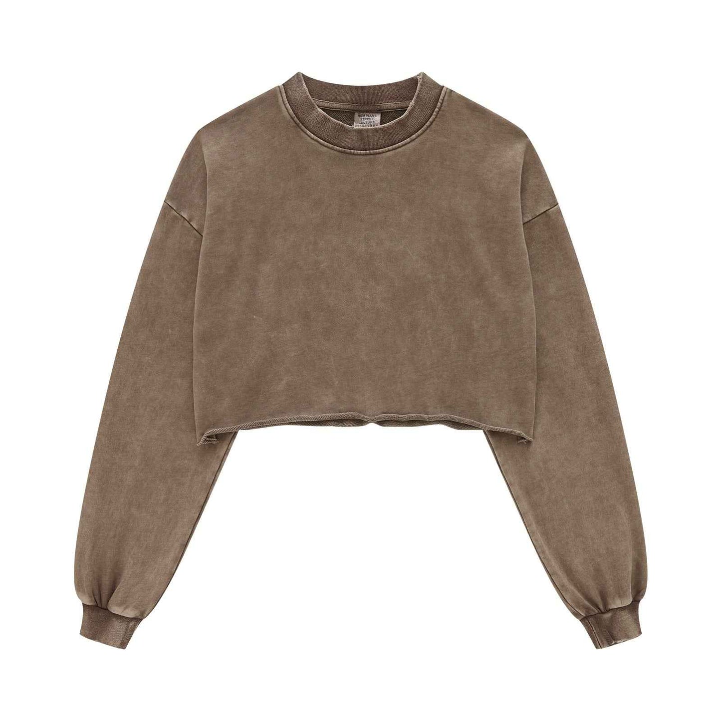 380GSM Women's Heavyweight Distressed Snow-Wash Raw-Hem Cropped Long sleeve Sweatshirt