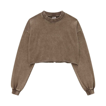 380GSM Women's Heavyweight Distressed Snow-Wash Raw-Hem Cropped Long sleeve Sweatshirt