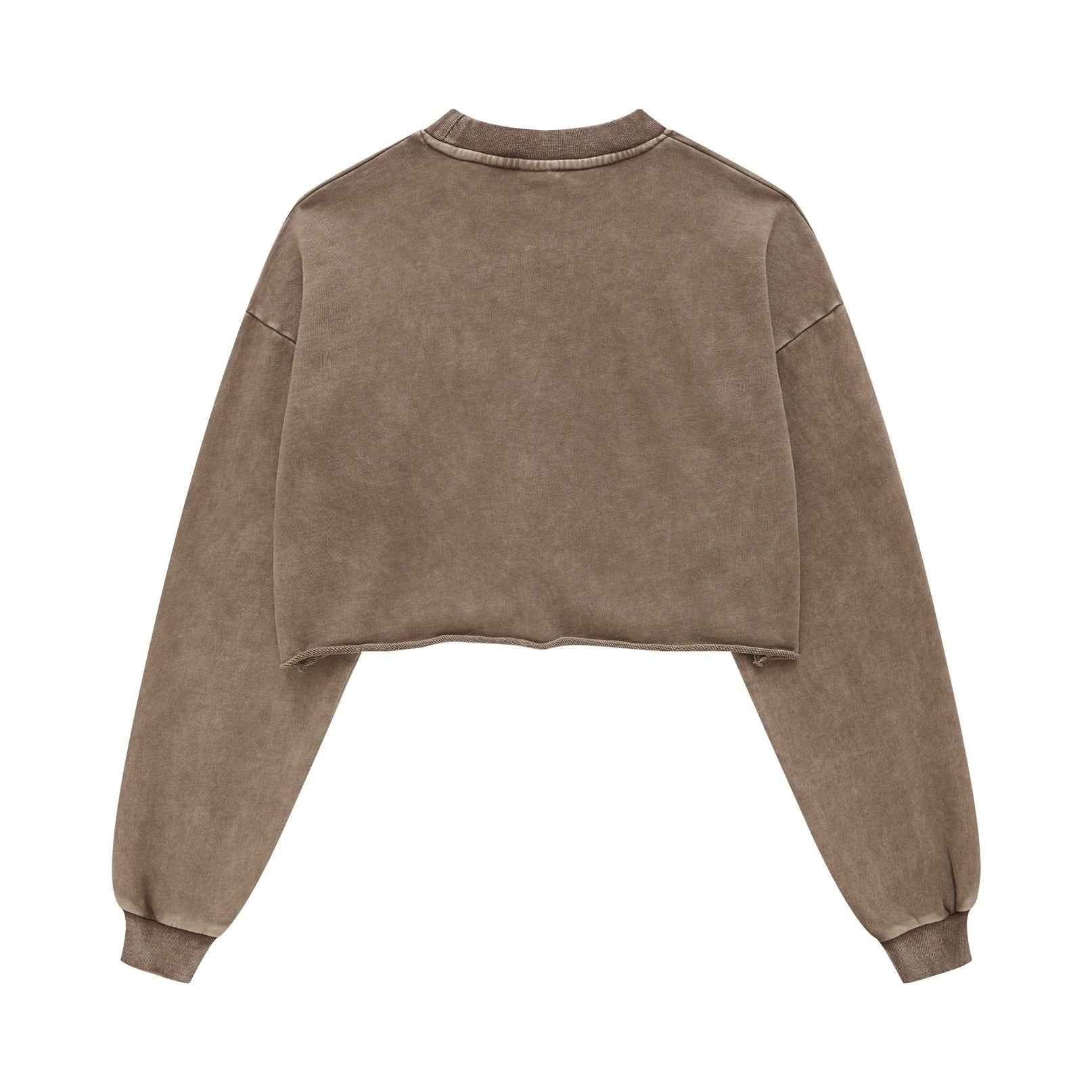 380GSM Women's Heavyweight Distressed Snow-Wash Raw-Hem Cropped Long sleeve Sweatshirt