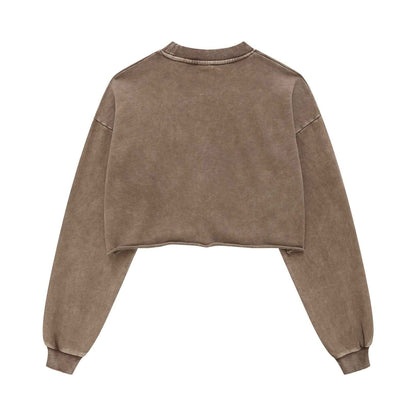 380GSM Women's Heavyweight Distressed Snow-Wash Raw-Hem Cropped Long sleeve Sweatshirt