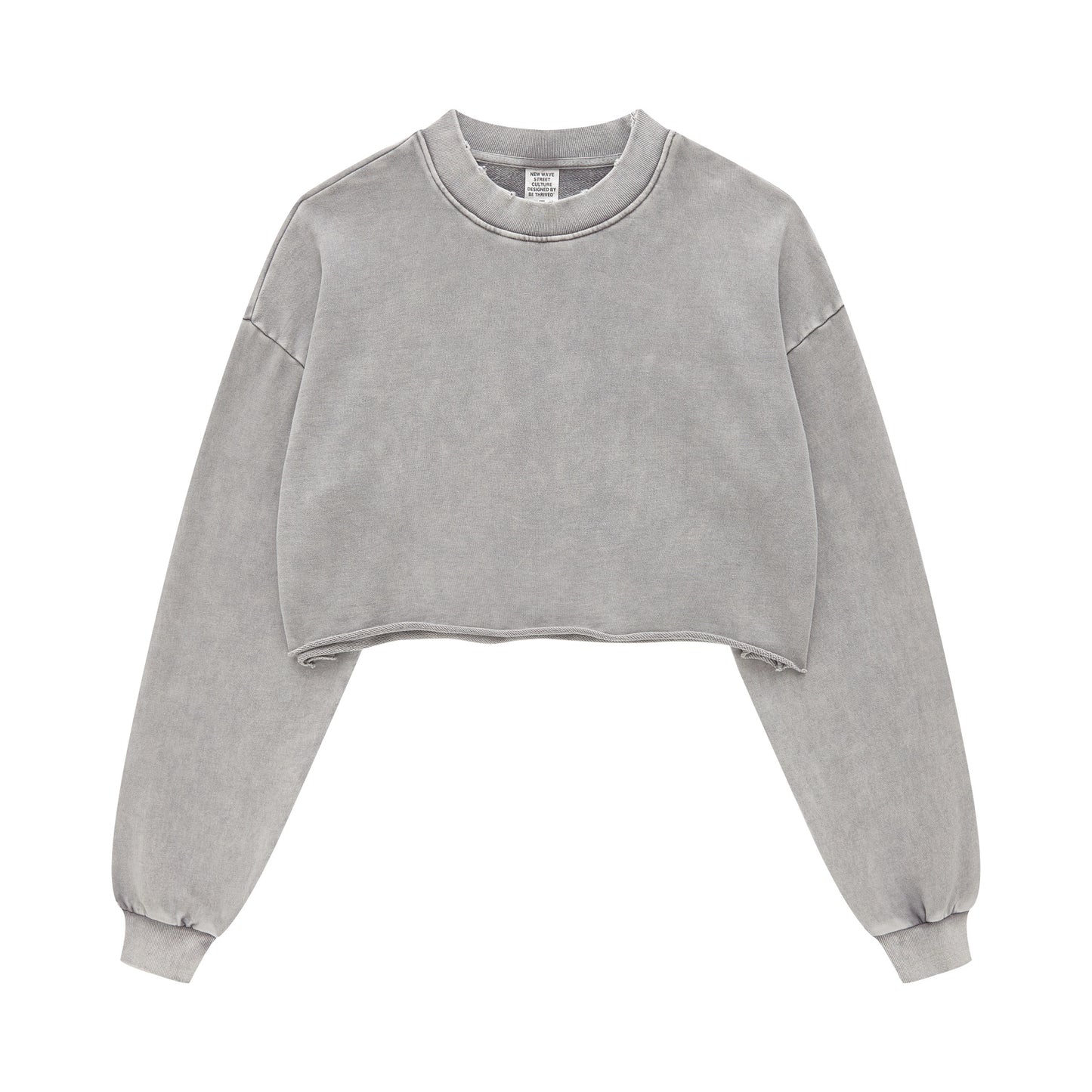 380GSM Women’s Heavyweight Distressed Snow-Wash Raw-Hem Cropped Long sleeve Medium gray