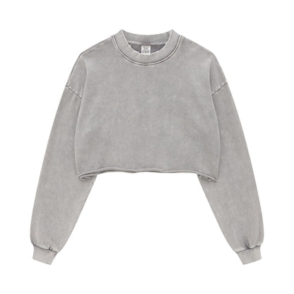 380GSM Women’s Heavyweight Distressed Snow-Wash Raw-Hem Cropped Long sleeve Medium gray