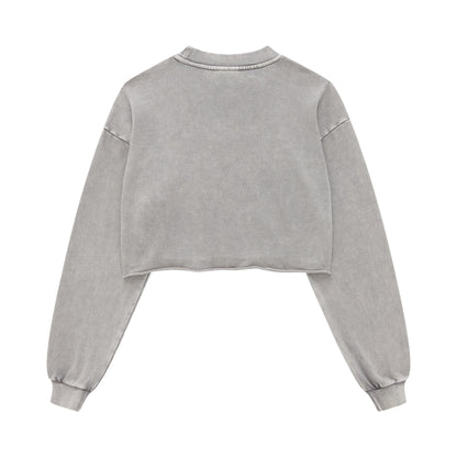380GSM Women’s Heavyweight Distressed Snow-Wash Raw-Hem Cropped Long sleeve Medium gray