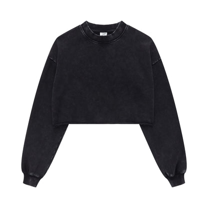 380GSM Women’s Heavyweight Distressed Snow-Wash Raw-Hem Cropped Long sleeve Snow wash