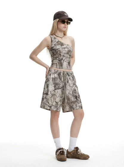 315GSM Women’s Asymmetrical Shoulder Camouflage Tank Top T-shirt