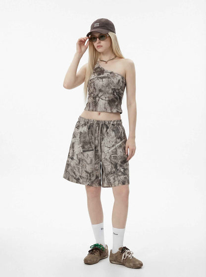 315GSM Women’s Asymmetrical Shoulder Camouflage Tank Top T-shirt