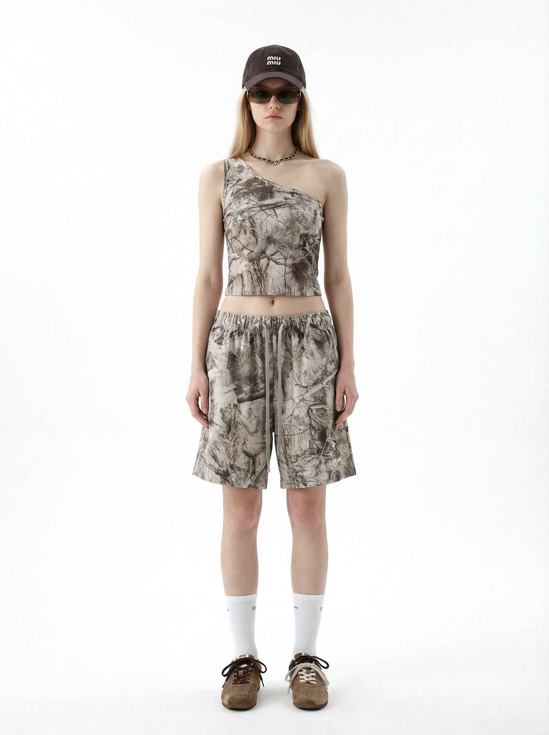 315GSM Women’s Asymmetrical Shoulder Camouflage Tank Top T-shirt