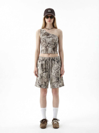 315GSM Women’s Asymmetrical Shoulder Camouflage Tank Top T-shirt