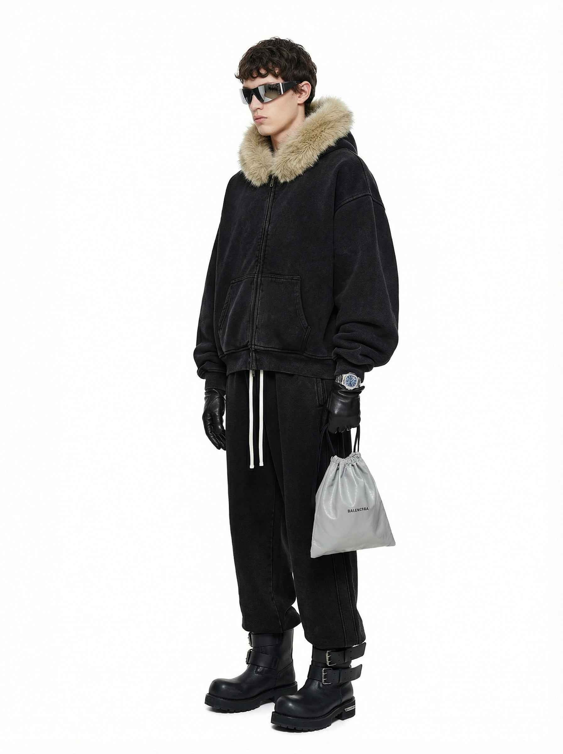 400GSM Unisex Vintage Boxyfit Faux Fur Collar Zipper Coat