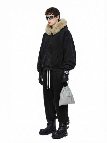 400GSM Unisex Vintage Boxyfit Faux Fur Collar Zipper Coat