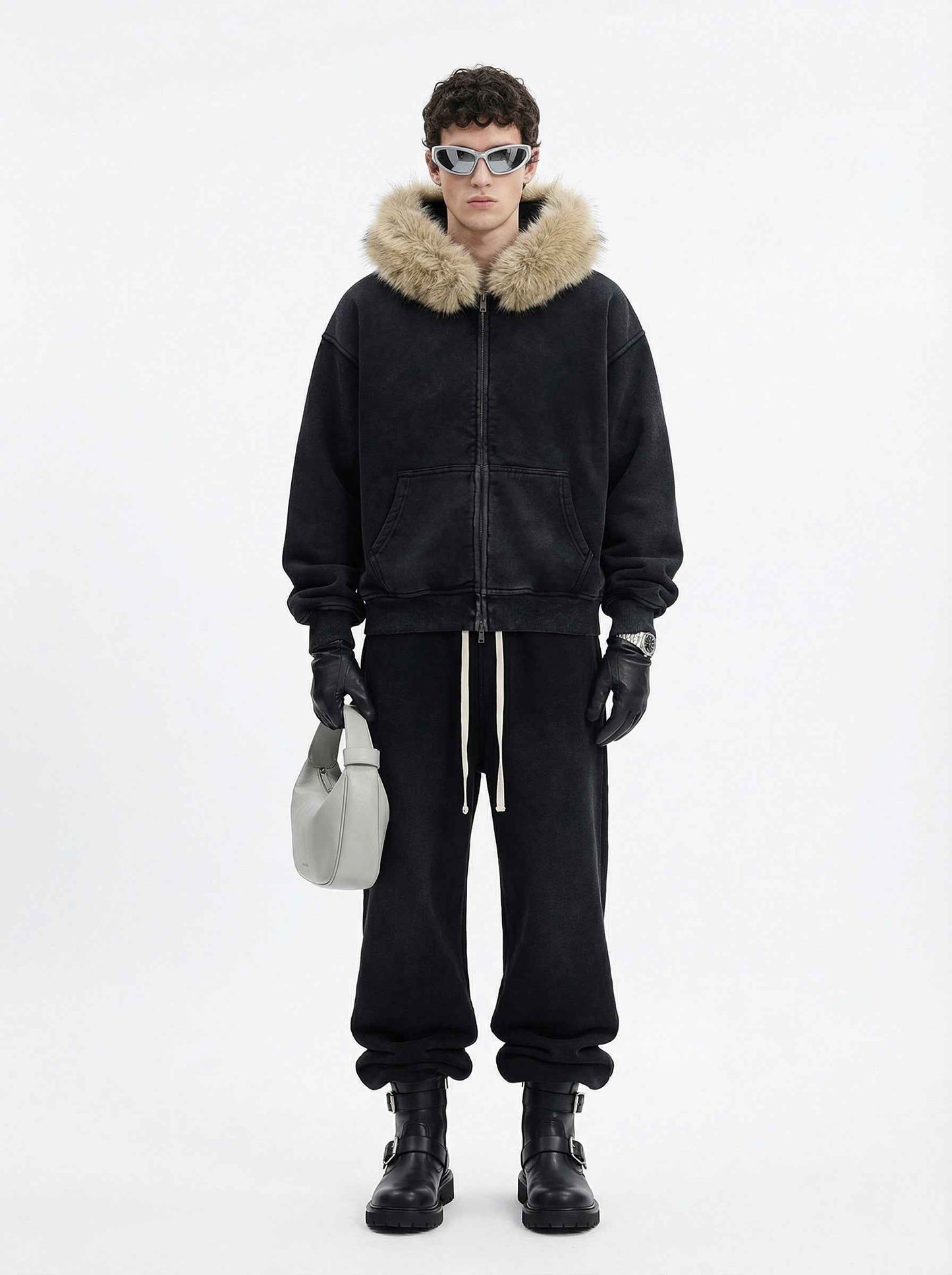 400GSM Unisex Vintage Boxyfit Faux Fur Collar Zipper Coat
