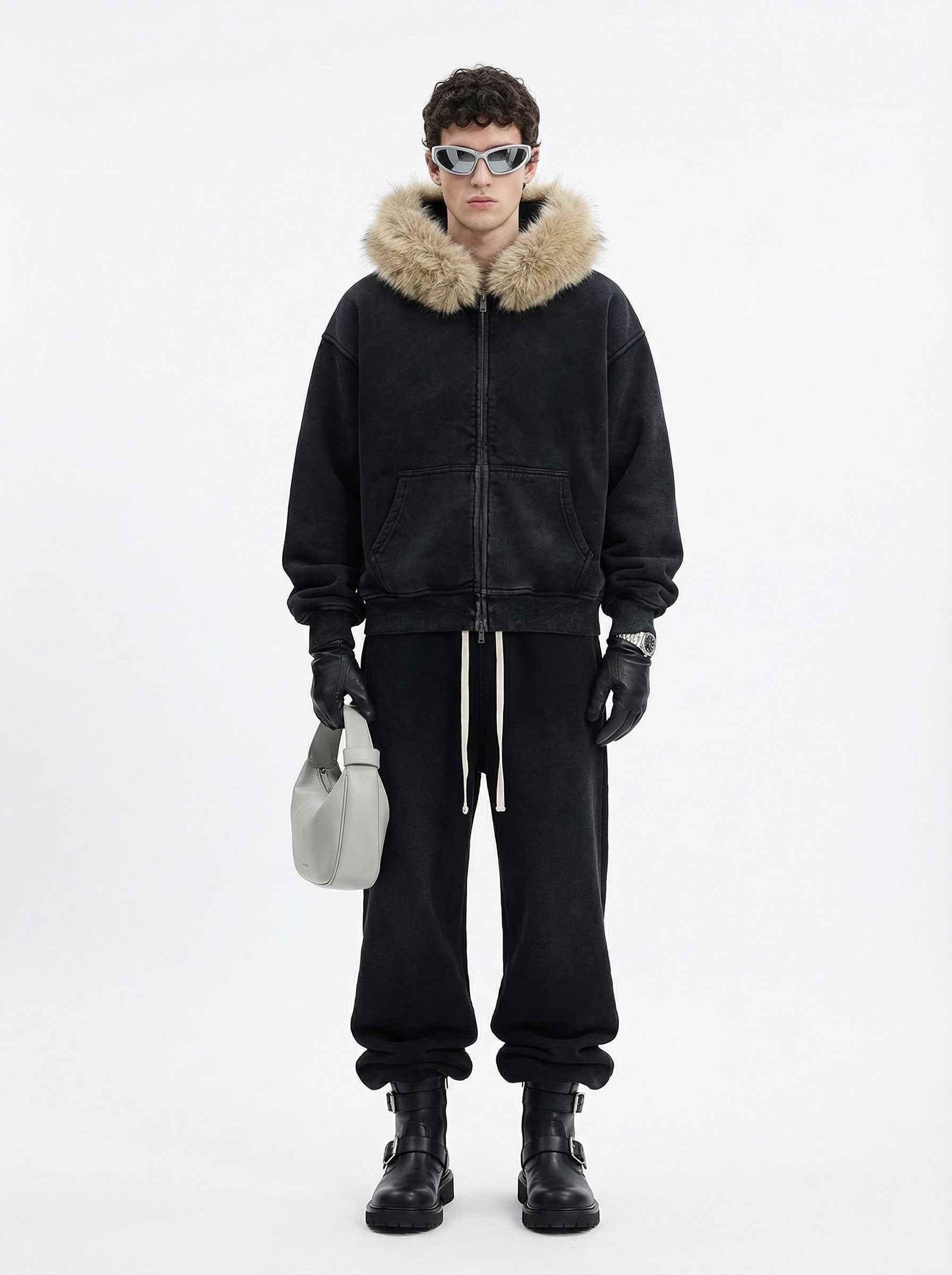 400GSM Unisex Vintage Boxyfit Faux Fur Collar Zipper Coat