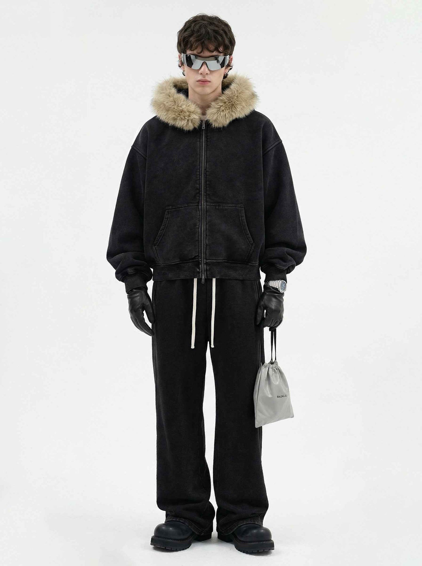 400GSM Unisex Vintage Boxyfit Faux Fur Collar Zipper Coat