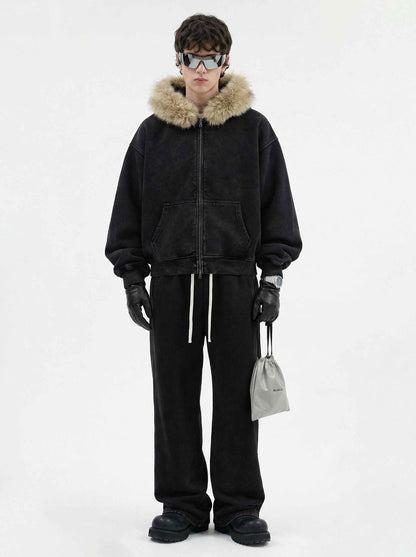400GSM Unisex Vintage Boxyfit Faux Fur Collar Zipper Coat