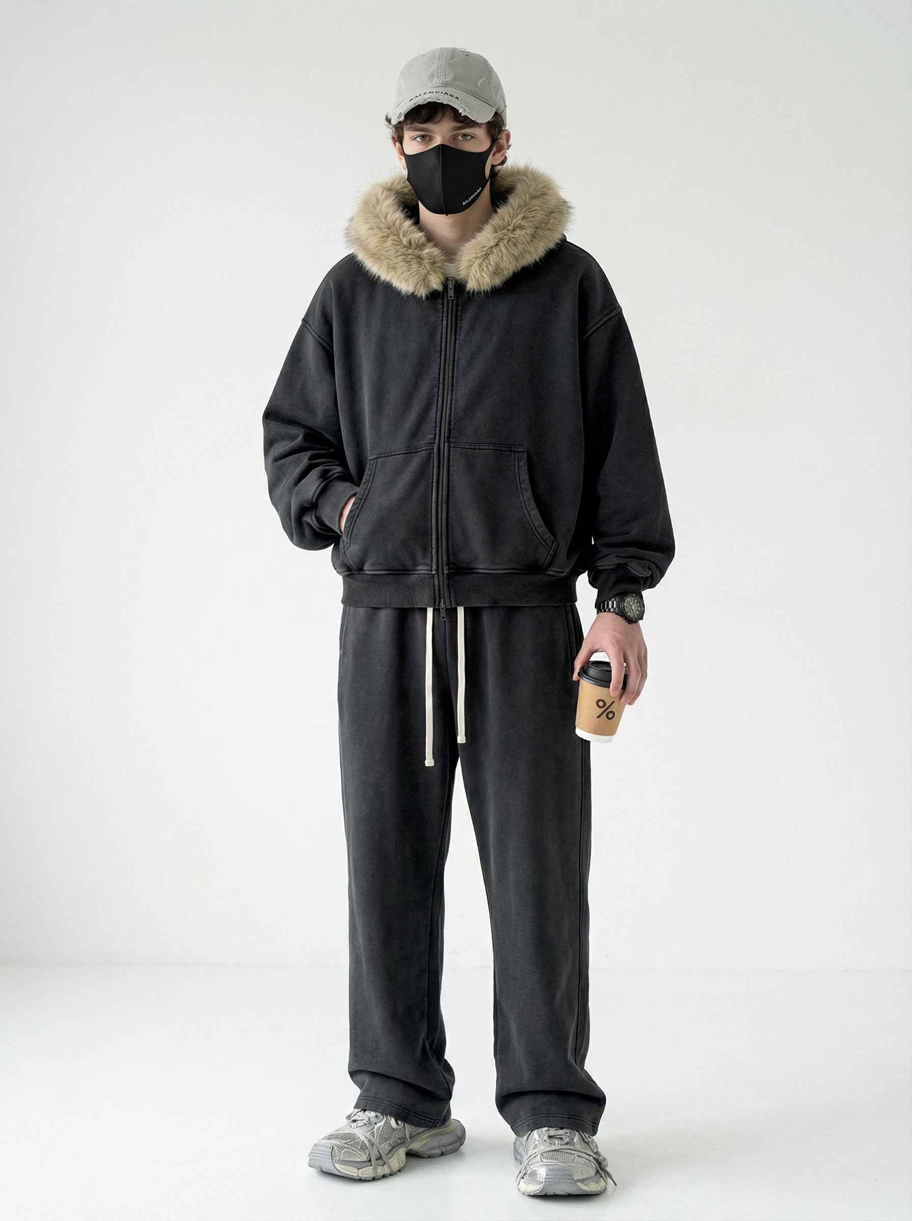 400GSM Unisex Vintage Boxyfit Faux Fur Collar Zipper Coat