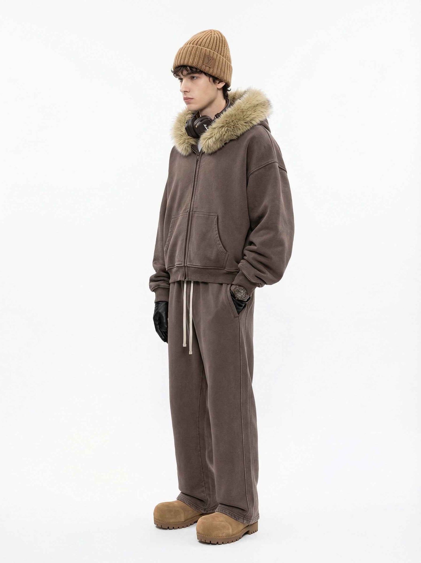400GSM Unisex Vintage Boxyfit Faux Fur Collar Zipper Coat