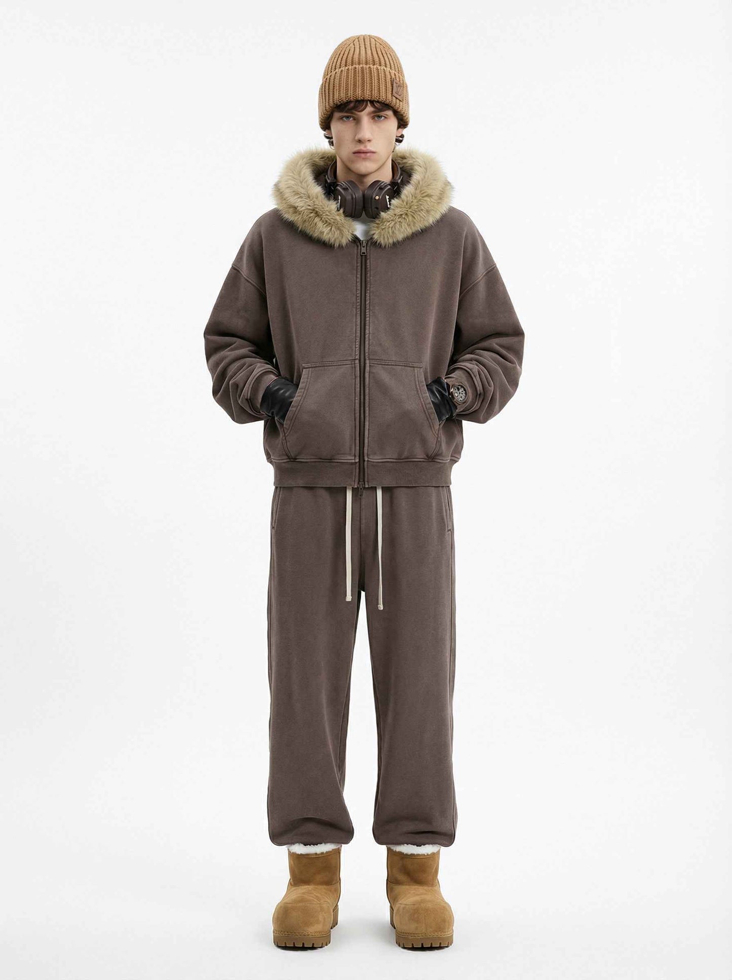 400GSM Unisex Vintage Boxyfit Faux Fur Collar Zipper Coat