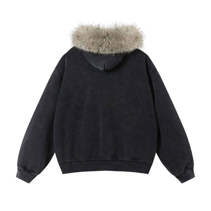 400GSM Unisex Vintage Boxyfit Faux Fur Collar Zipper Coat
