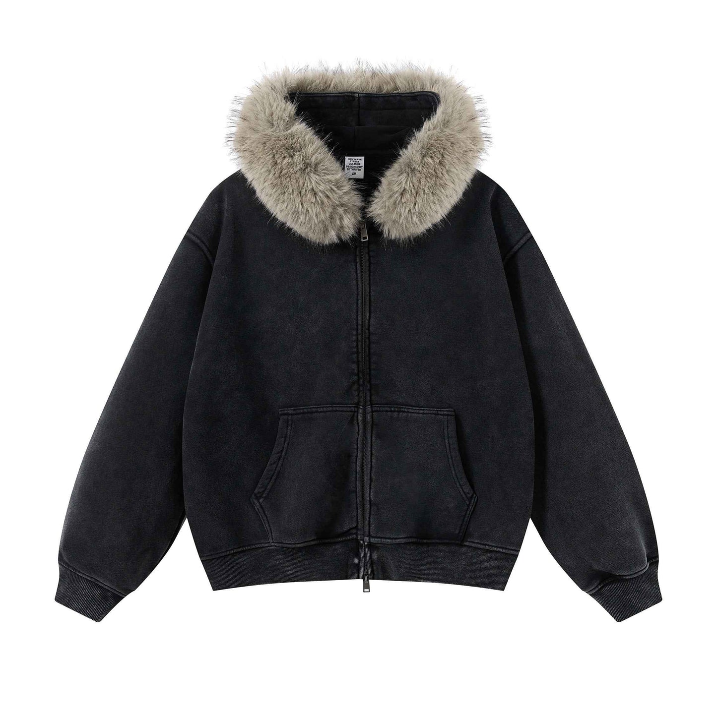 400GSM Unisex Vintage Boxyfit Faux Fur Collar Zipper Coat