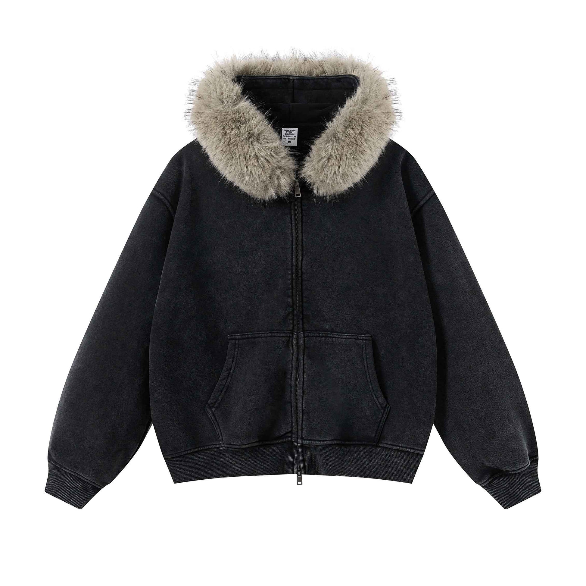 400GSM Unisex Vintage Boxyfit Faux Fur Collar Zipper Coat
