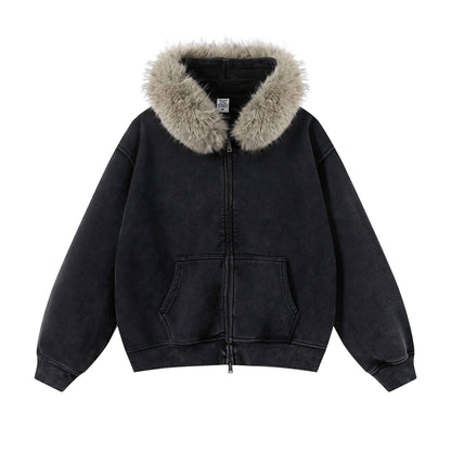 400GSM Unisex Vintage Boxyfit Faux Fur Collar Zipper Coat