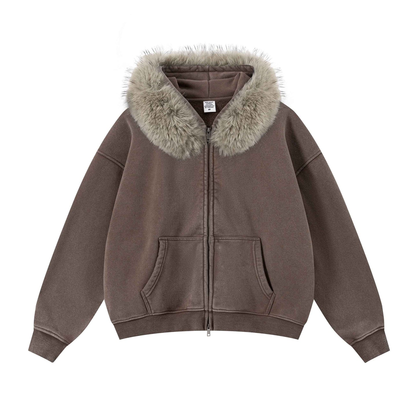 400GSM Unisex Vintage Boxyfit Faux Fur Collar Zipper Coat