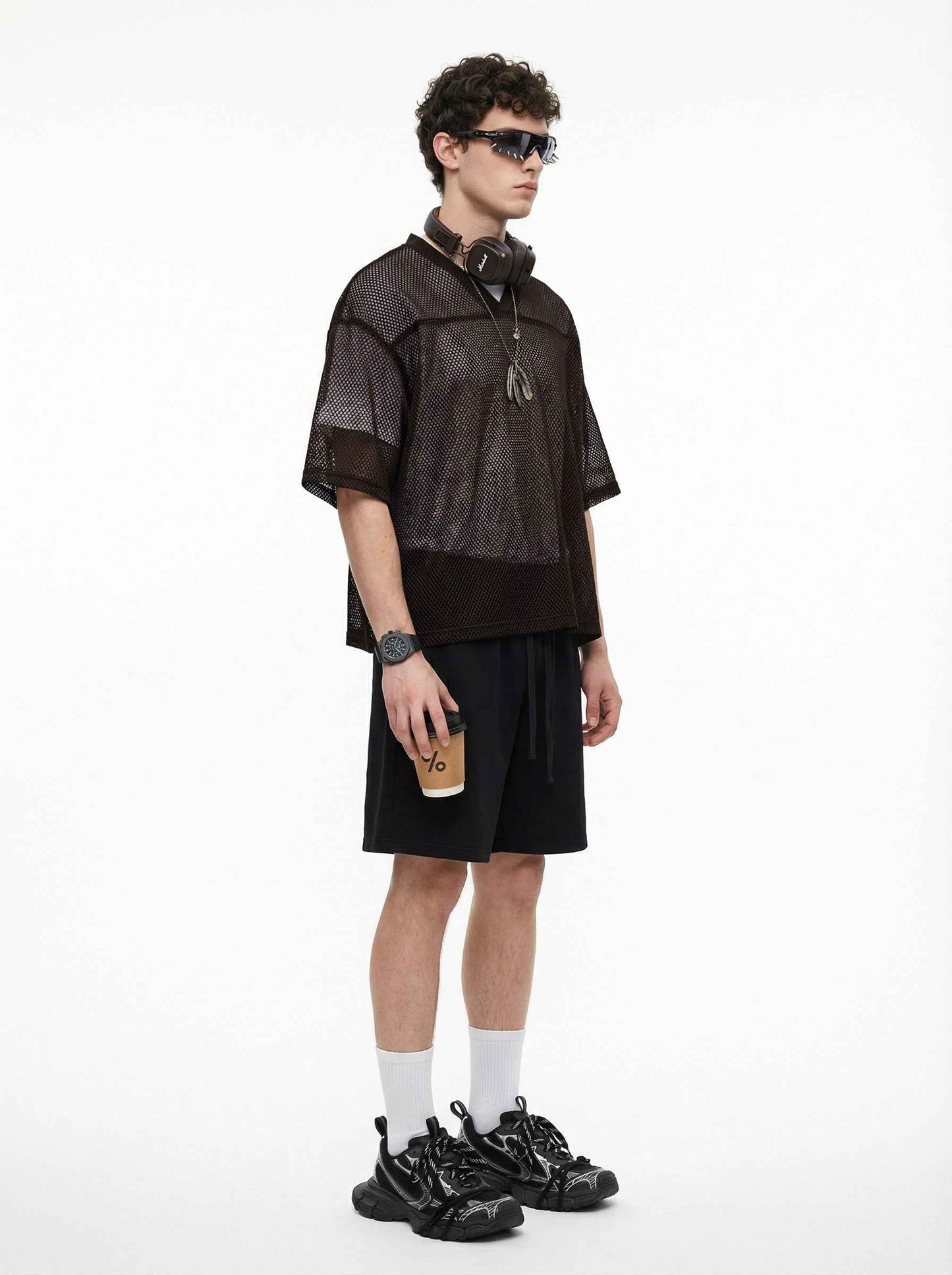 240GSM Men’s Boxy-Fit Mesh Layering V-Neck Tee