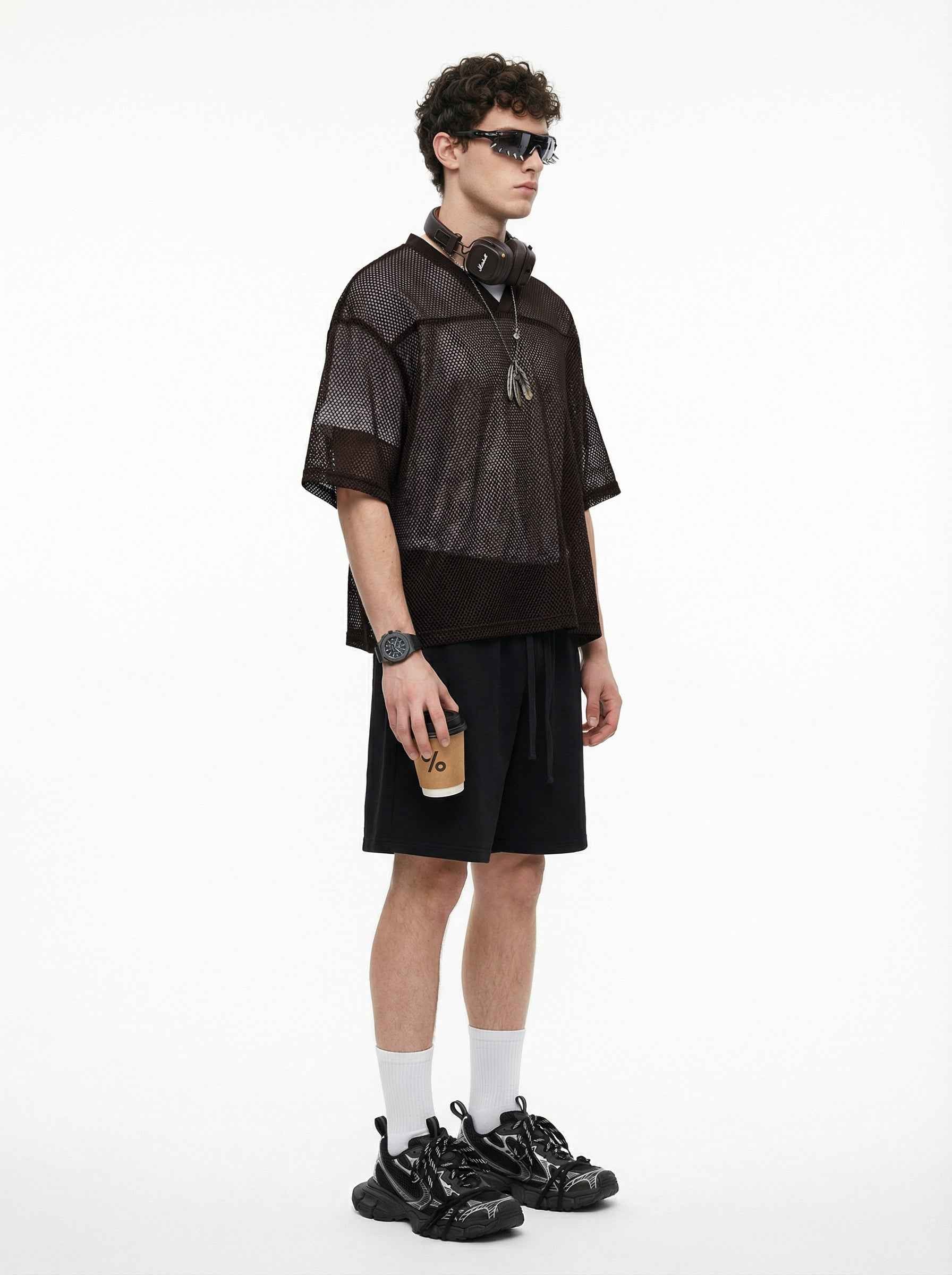 240GSM Men’s Boxy-Fit Mesh Layering V-Neck Tee