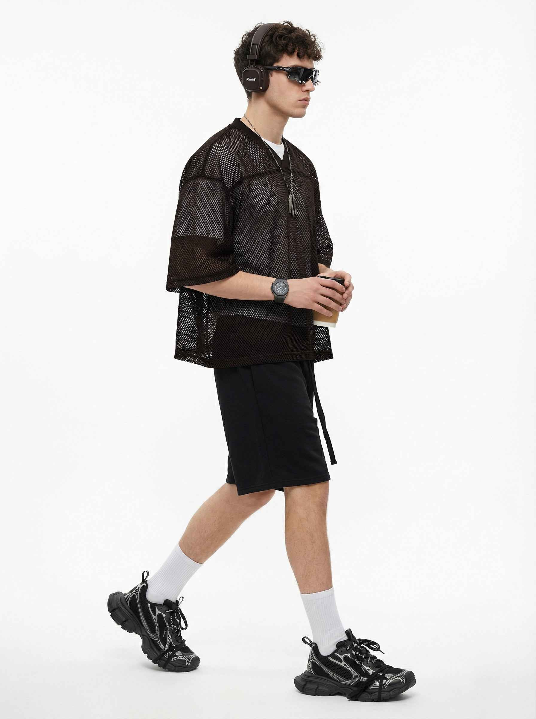 240GSM Men’s Boxy-Fit Mesh Layering V-Neck Tee