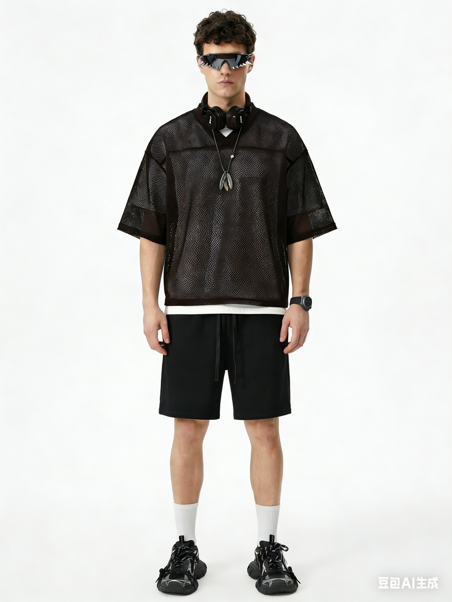 240GSM Men’s Boxy-Fit Mesh Layering V-Neck T-Shirt Coffee Brown