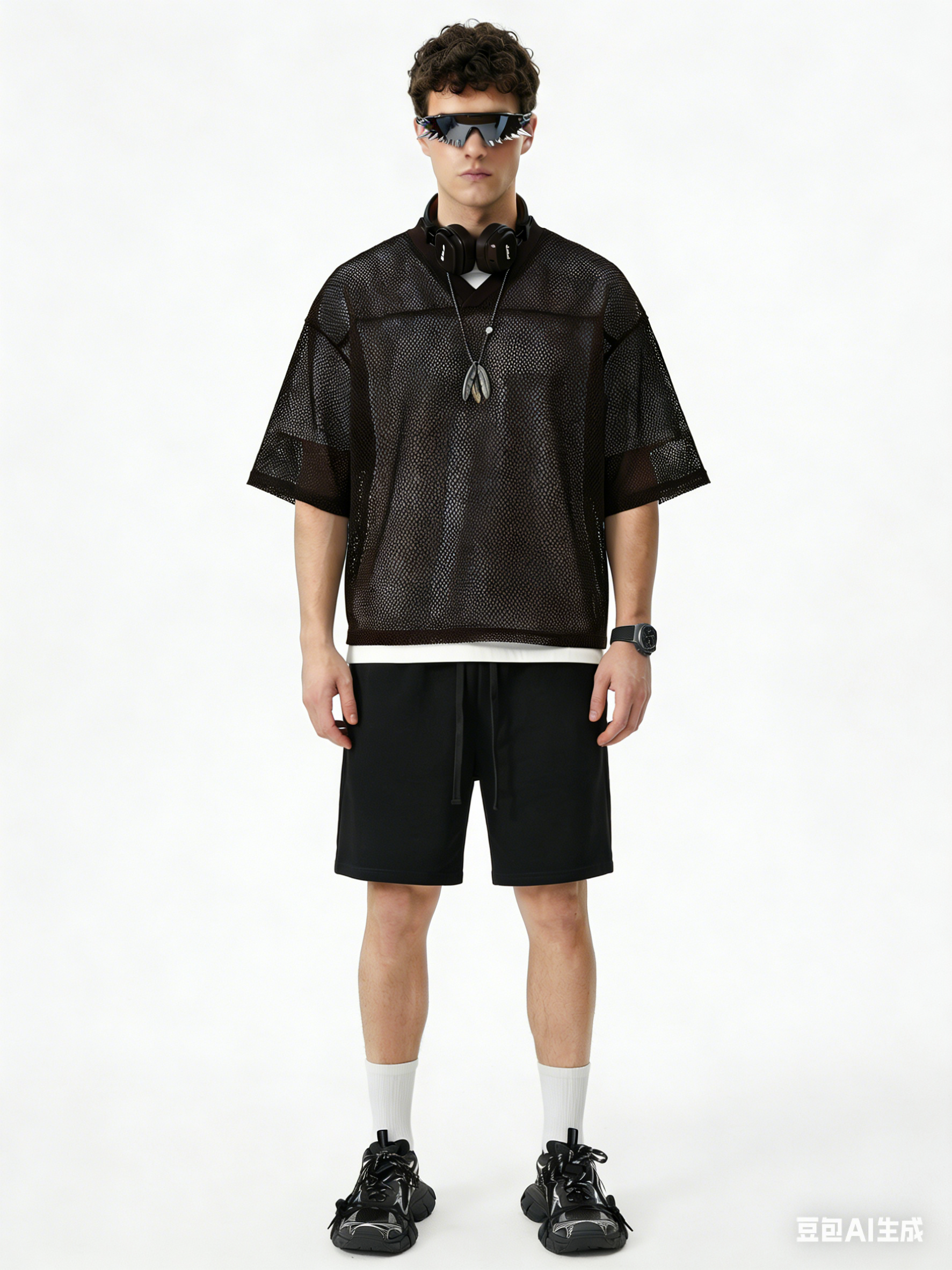240GSM Men’s Boxy-Fit Mesh Layering V-Neck T-Shirt Coffee Brown