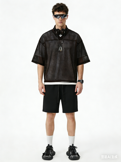 240GSM Men’s Boxy-Fit Mesh Layering V-Neck T-Shirt Coffee Brown