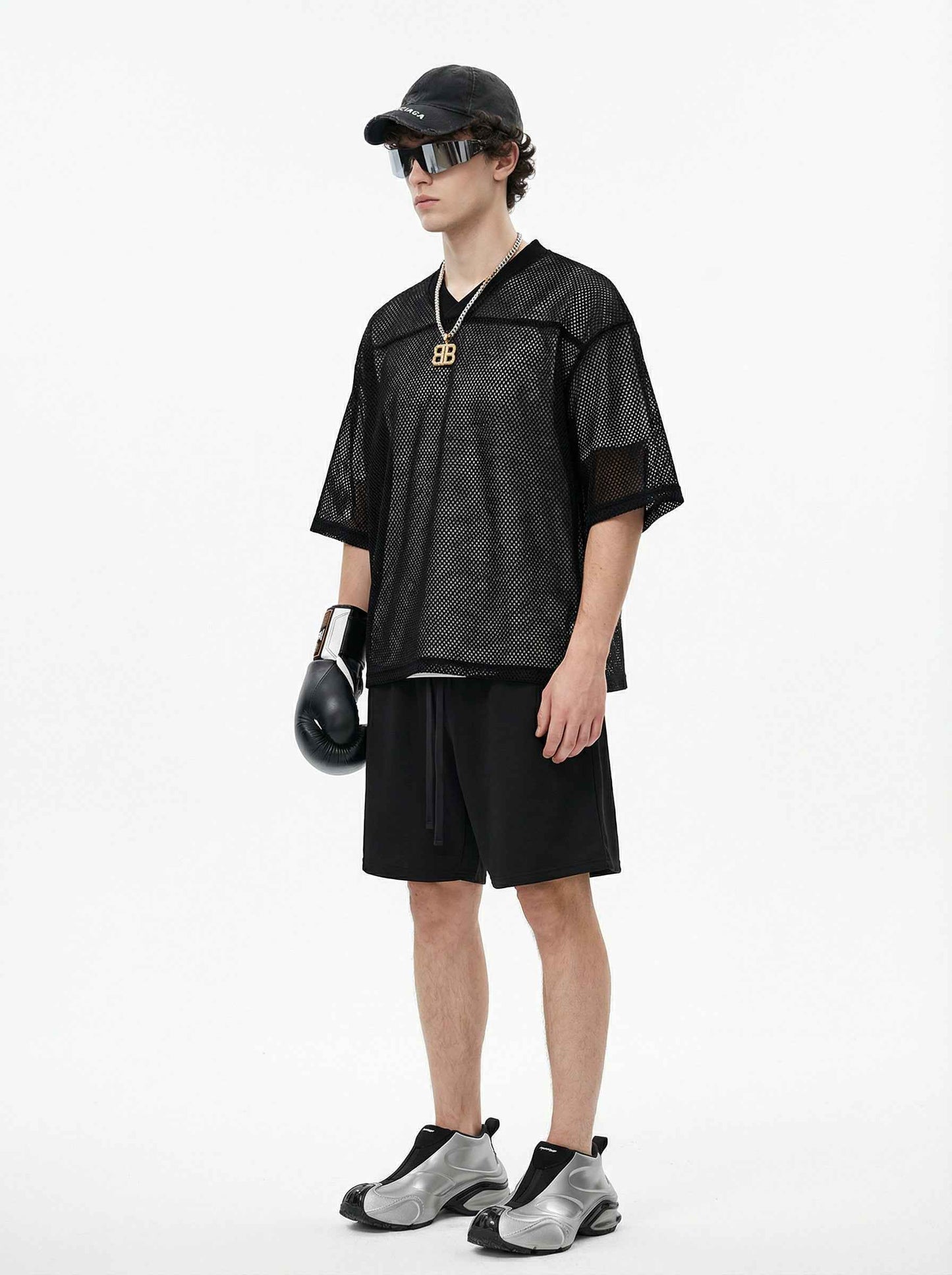 240GSM Men’s Boxy-Fit Mesh Layering V-Neck Tee